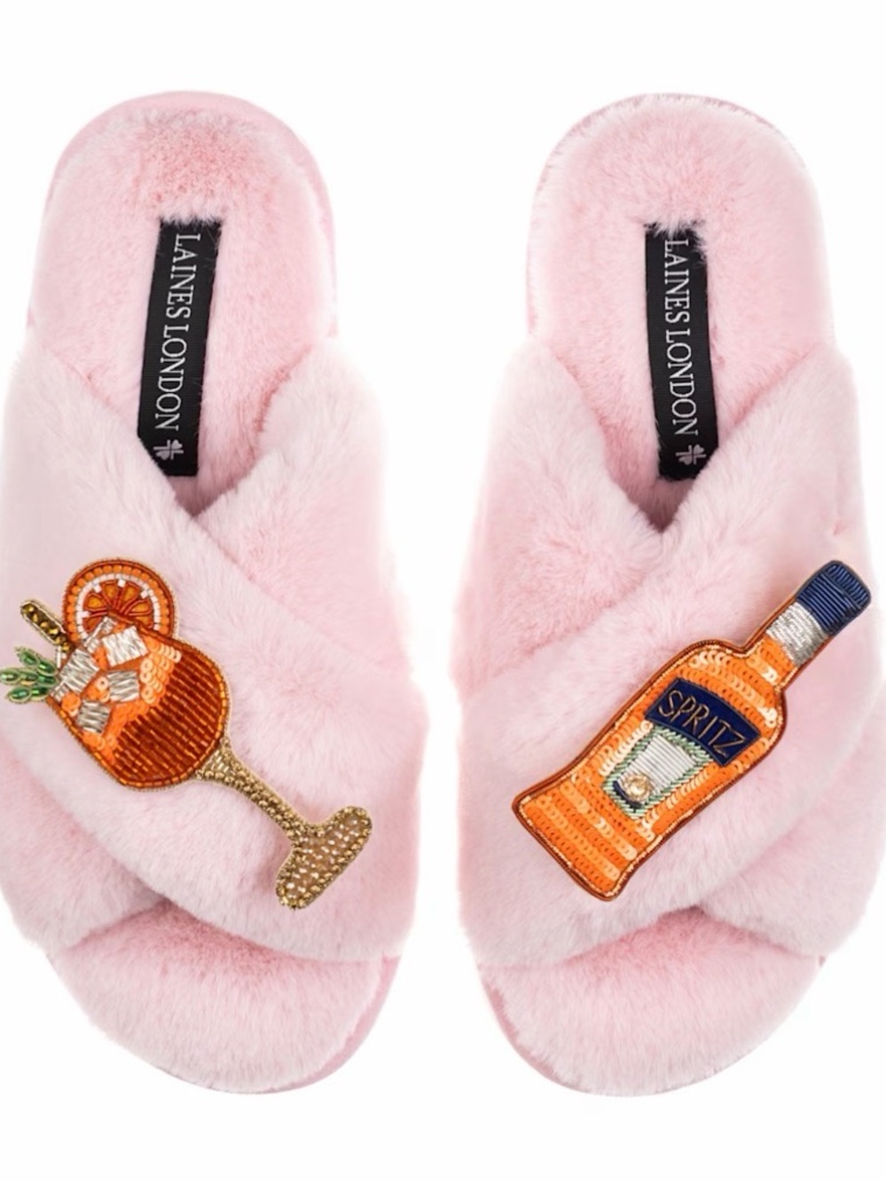 Laine’s London aperol Pink Plush Slide Slippers with Sequin Spritz Motif - Picture 2 of 3